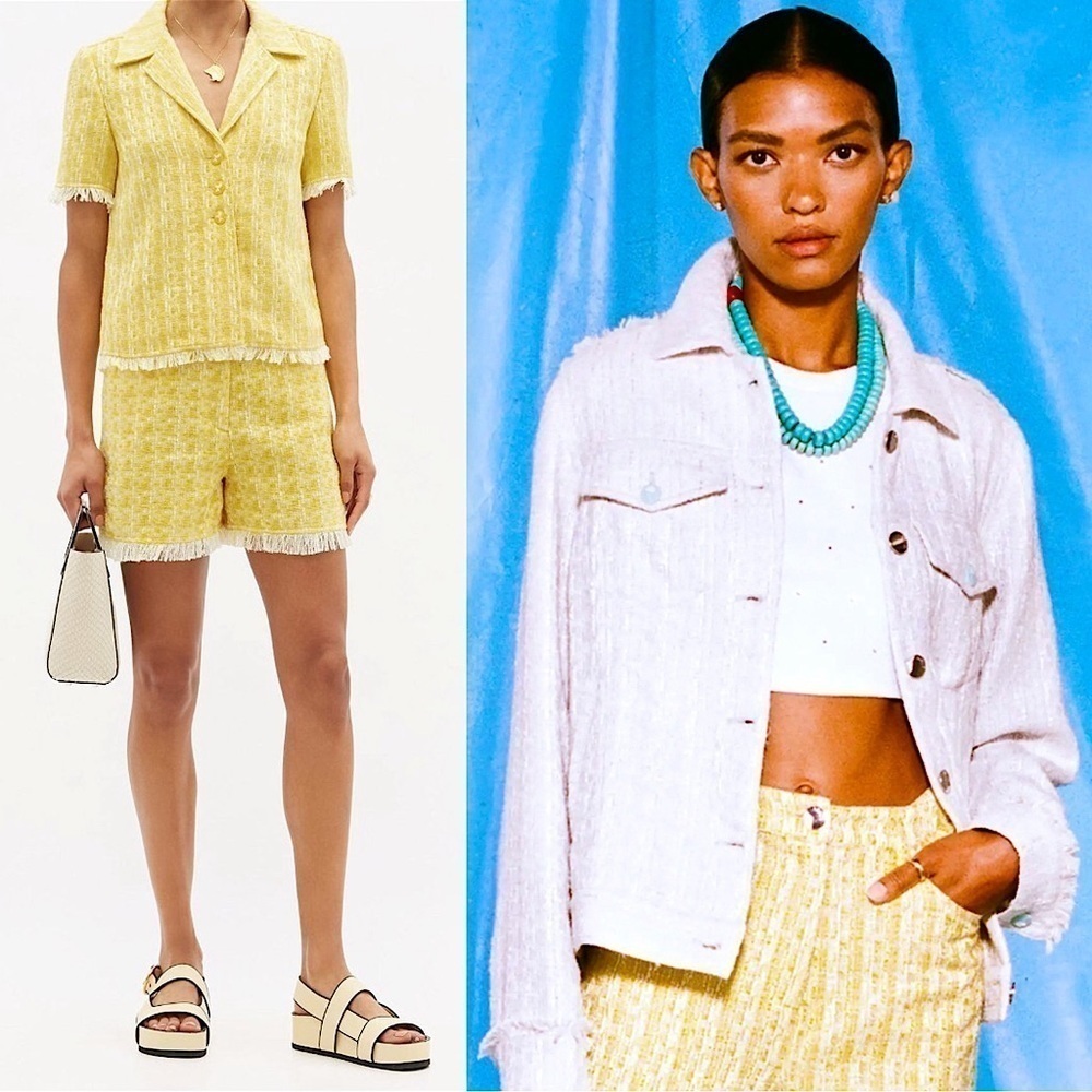 STAUD Yellow Boucle Tweed Plaid High Rise Fringe Trim Hem Lightweight Shorts 00